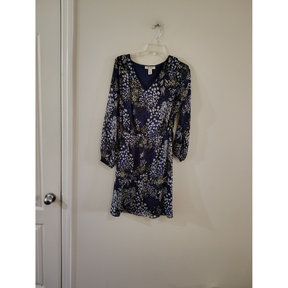 WHBM White House Black Market Blue Floral Dot Chiffon V-Neck Mini Dress XS